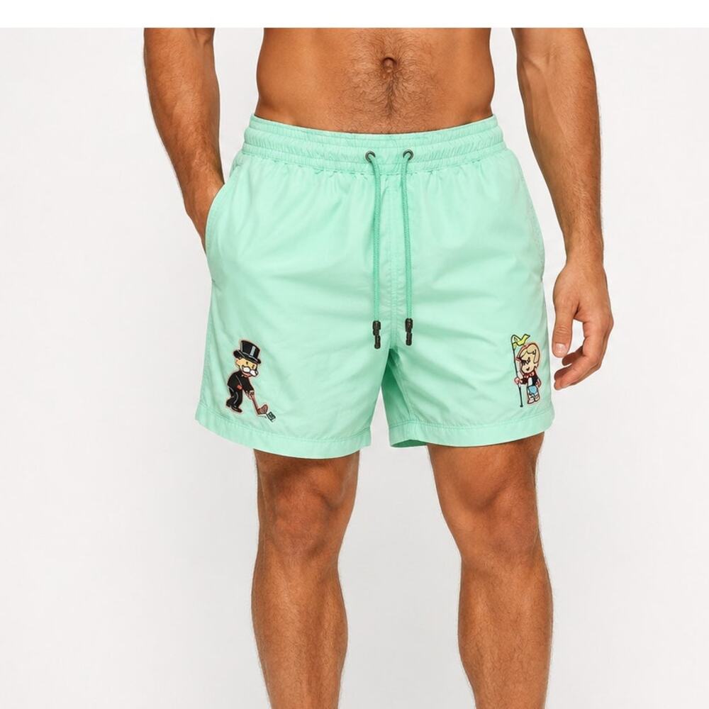 Les Canebiers St Tropez Monopoly Swim Shorts Green Embroidered Mens Small